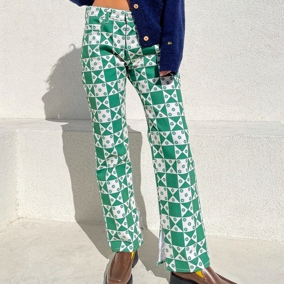 Lisa Says Gah Denim - Lisa Says Gah Ellis Wide Leg Jean Floral Quilt Pattern Boonville Green Size 12